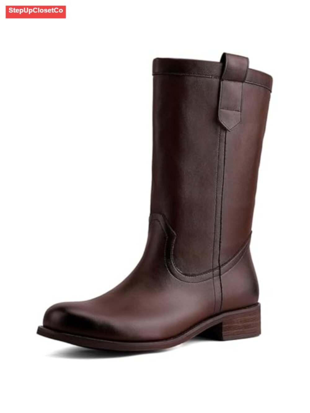 Women's Mid Calf Riding Boots, Round Toe Pull-On Chunky Heel Boots